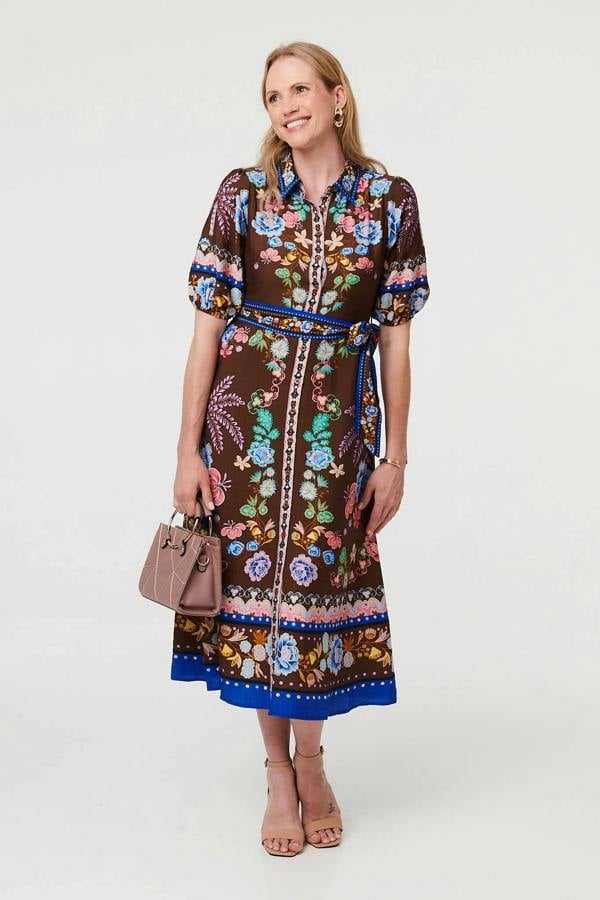 Brown | Floral 1/2 Puff Sleeve Shirt Midi Dress