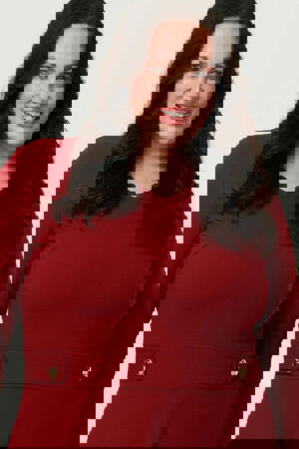 Red | Curve V-Neck 3/4 Sleeve Short Skater Dress