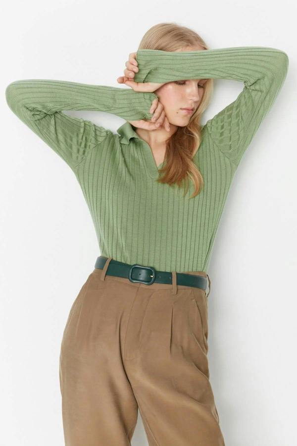 WOVCOR Polo Neck Knit Sweater with Finger Detail