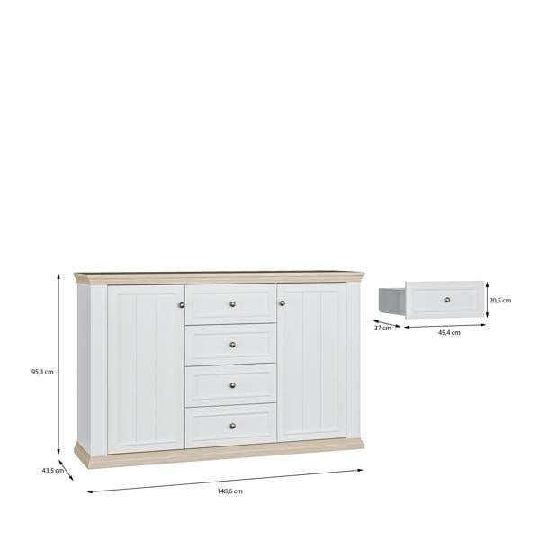 Furniture To Go Pontypool 4 Drawer & 2 Door Sideboard in White and Riva Oak