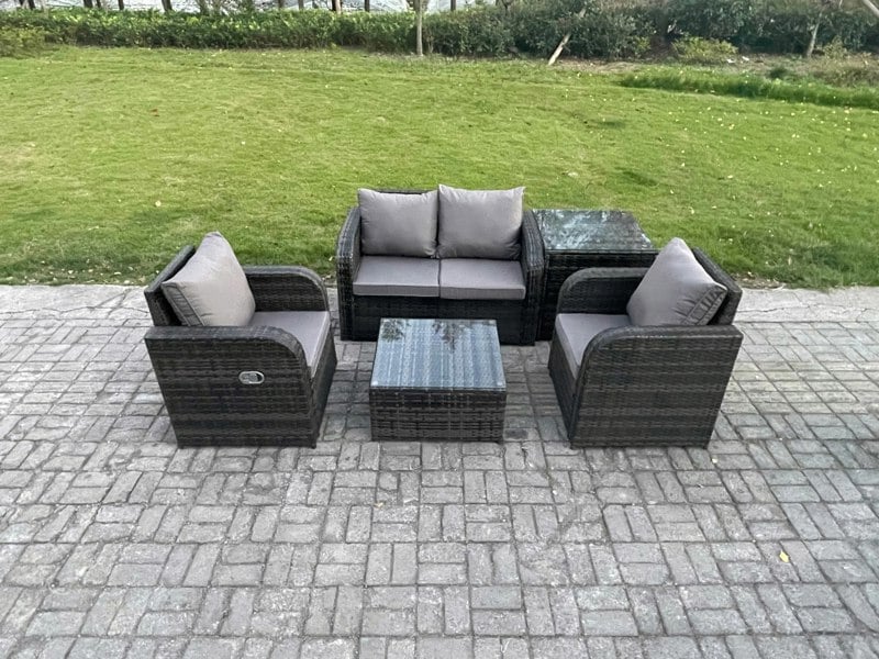 Fimous Wicker PE Rattan Garden Furniture Set Outdoor Lounge Sofa Set with Love Sofa Square Coffee Table Side Table Dark Grey Mixed