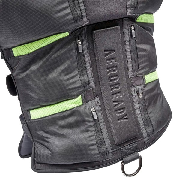 Black adidas weighted vest with green accents and 'Aeroready' branding on a white background
