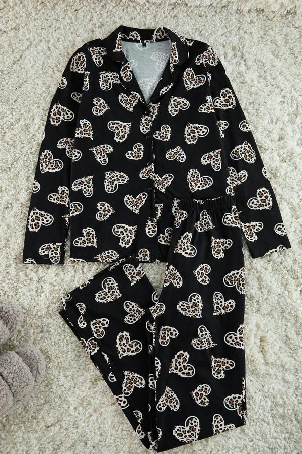 WOVCOR 2-Piece Cotton Leopard Heart Knit Pajama Set
