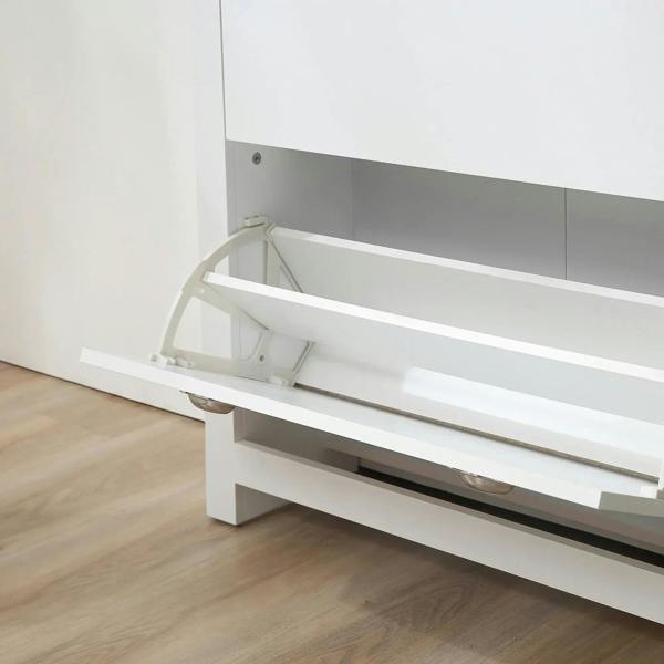 White shoe cabinet with open flip door revealing interior shoe storage shelf