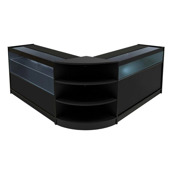 Harmonia LED Shop Counter Set in sleek black, featuring curved design, glass display sections, and open shelving for storage