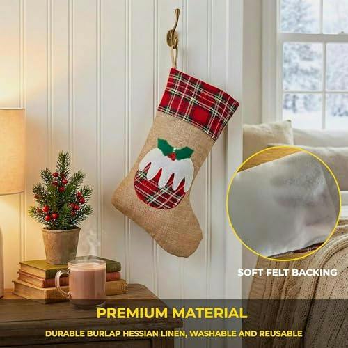 Large Christmas Stocking 45cm Brown Hessian Pudding Print Hanging Sack Sock image 5