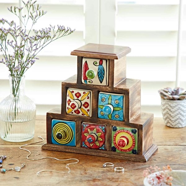 Paper High Multicoloured Mango Wood Pyramid 6 Drawer Jewellery Box