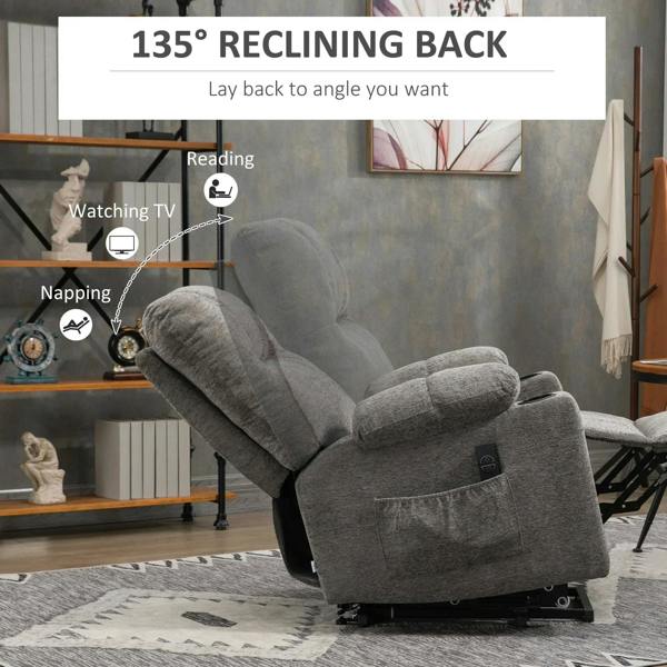 Grey power lift recliner chair fully reclined on a living room floor