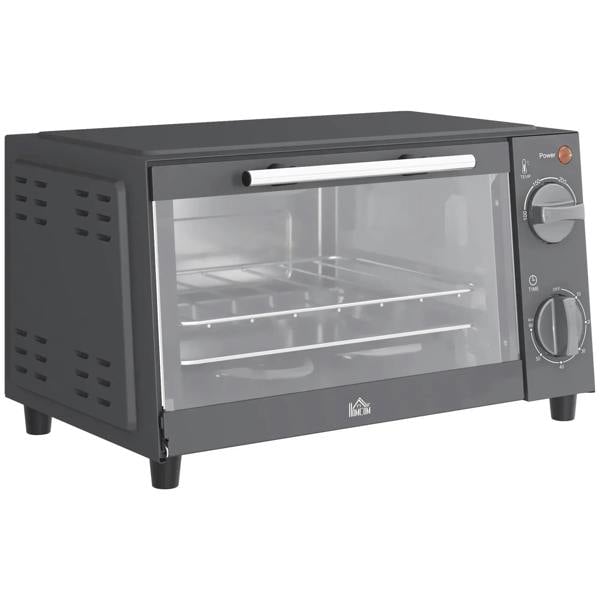 Grey mini oven exterior with glass window, heating interior, and two control knobs.