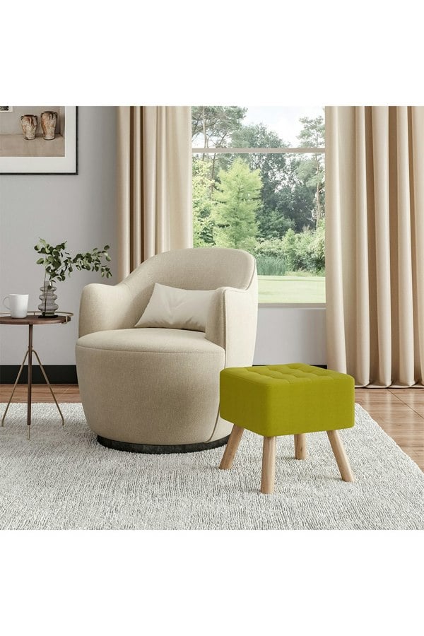 Living and Home Green Linen Padded Wooden Leg Square Footstool