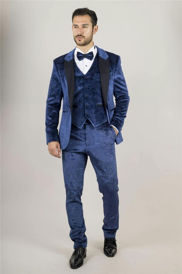 Infinity Leather Men's Blue 3 Piece Velvet Wedding Tuxedo Formal Suit