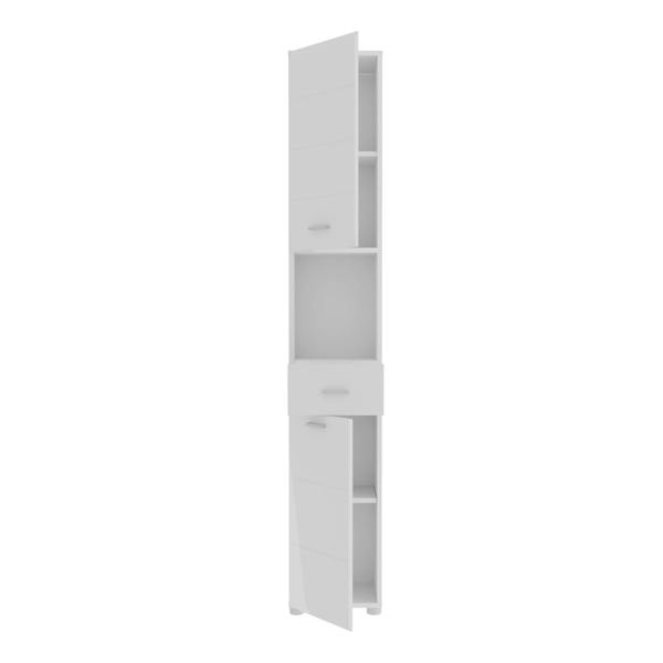 Furniture To Go Ice Cave Narrow Bathroom Storage Cabinet with 2 Doors & 1 Drawer with Silver Handles in White with White High Gloss Fronts