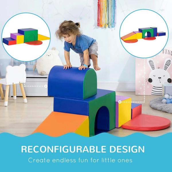 Multicolored kids soft playset with stacked foam blocks and curved slide steps