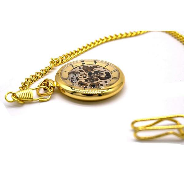 Infinity Leather Mechanical Golden Skeleton Open-Face Chain Pocket Watch