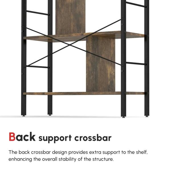 Back crossbar support of an industrial open bookcase with black metal frame and wooden panels.
