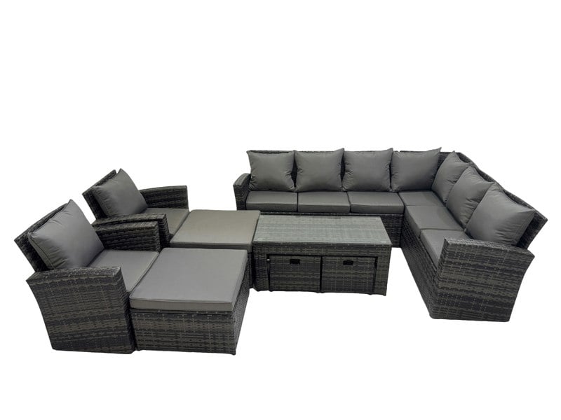 Fimous Rattan Garden Furniture Set 9 Pieces Outdoor Garden Sofa Oblong Coffee Table Set with Chair 4 Footstools Dark Grey Mixed