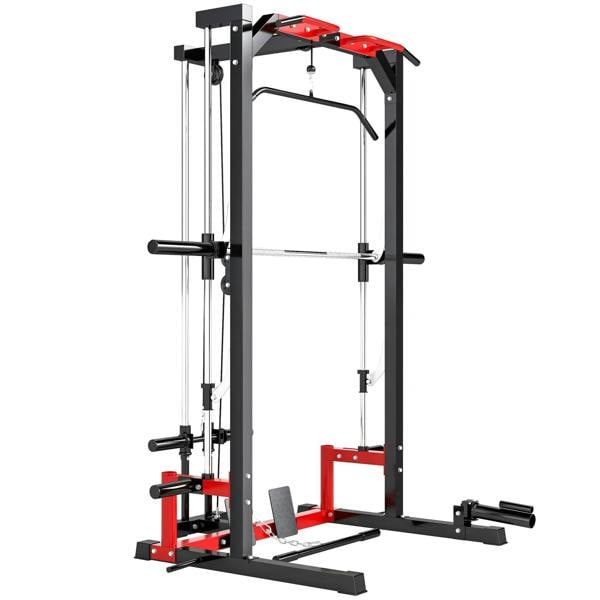 Black power rack with cable crossover, pull-up bar, and lat pulldown attachment