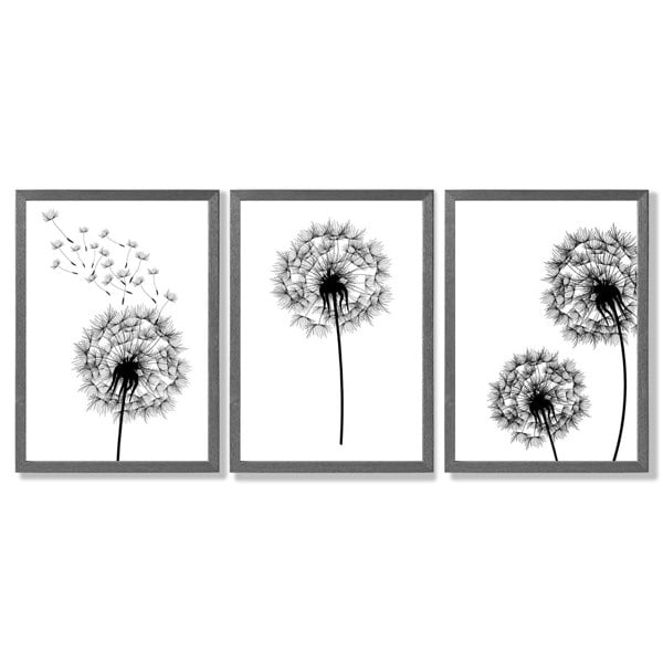 Artze Wall Art DANDELIONS Set of 3 Framed Sketch Wall Art Prints