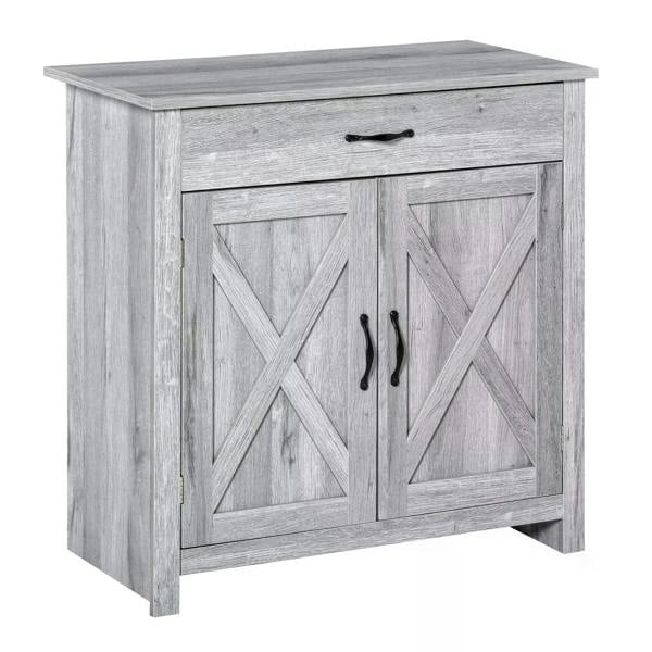 Grey farmhouse barn-door sideboard cabinet with two doors and one top drawer