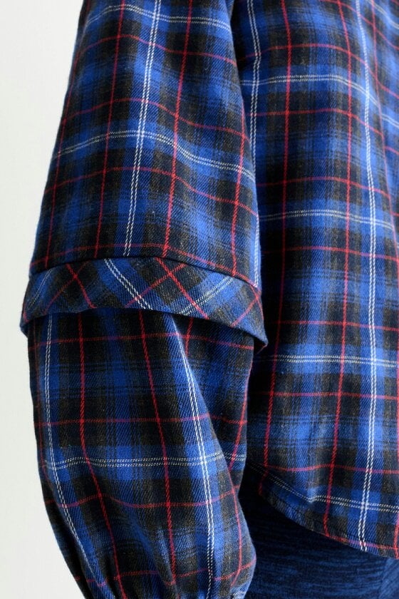 Rivka Winter Check Pleat Long Sleeve Blouse - Blue