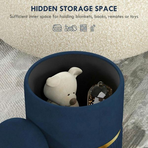 Blue storage ottoman with open lid revealing dark interior and hidden storage space