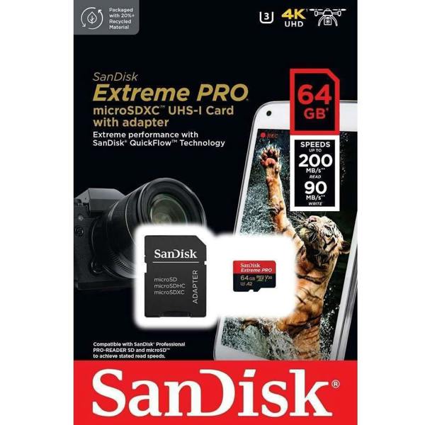 SanDisk Extreme PRO microSDXC 200MBs UHSI U3 V30 with Adapter 64GB