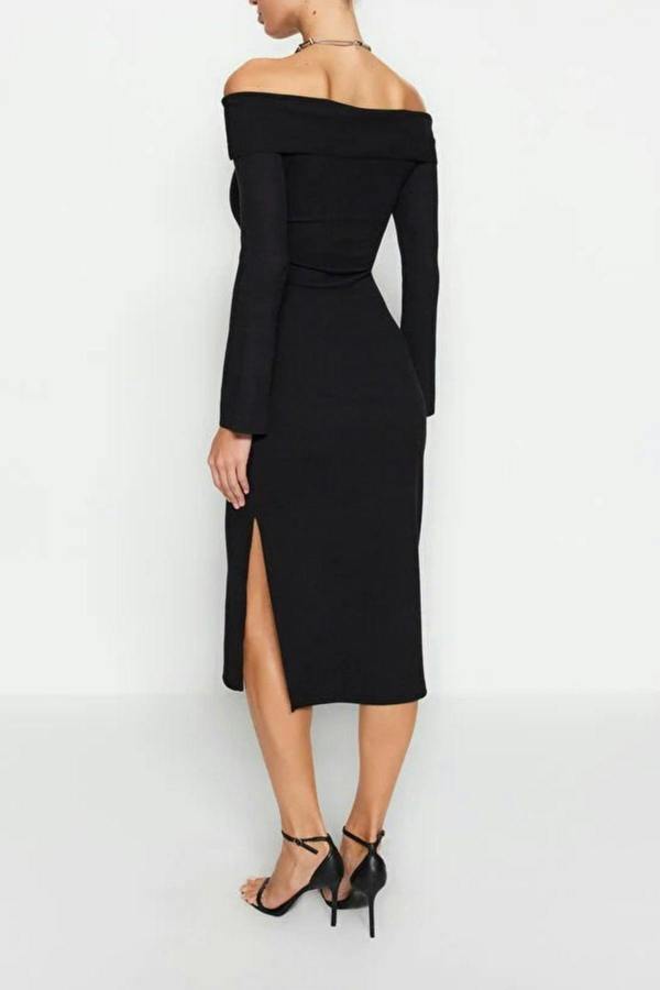 WOVCOR Carmen Collar Soft Textured Midi Knit Pencil Dress