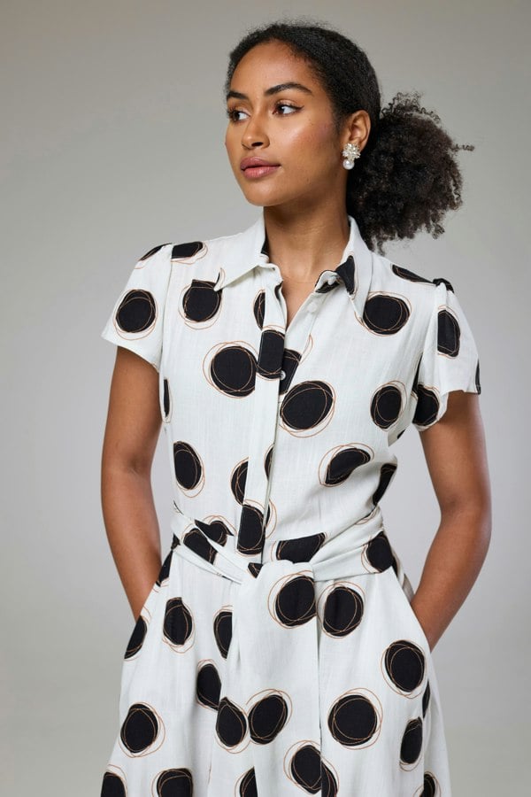 Isha's Timeless collection Absolute Polka Dot Linen Short Sleeve Shirt Dress