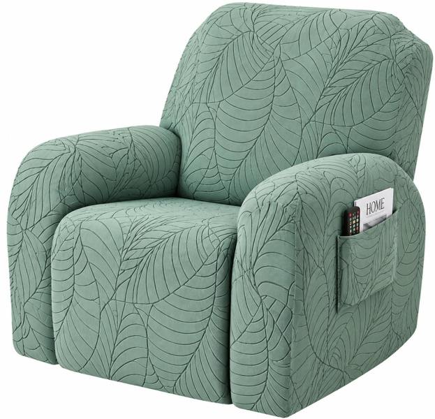 ATEK 4 Piece Stretch Recliner Chair Cover 1 Seater Bean Green Leaf Slipcover with Side Pocket