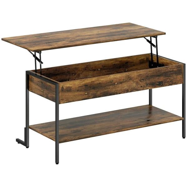 Lift-top coffee table with rustic brown wood top and hidden storage, black metal legs
