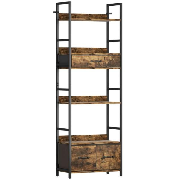 Industrial bookcase with black metal frame, 4 open shelves, 3 fabric drawers, rustic brown