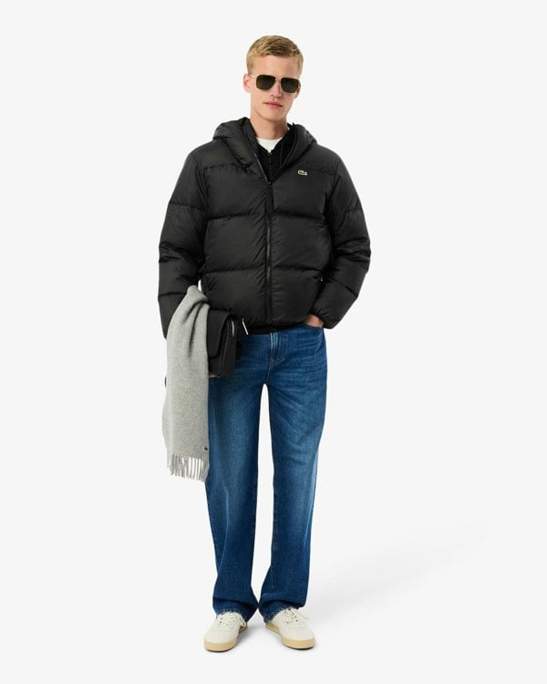 Lacoste Short Water-Repellent Mens Hooded Down Jacket - Black 031 - CHO - Designer Mens Padded Jackets