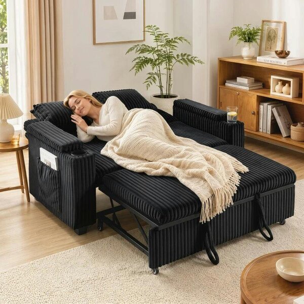 2 Seater Sofa Bed, Pull Out Sleeper Sofa w/ Adjustable Backrest, Storage Armrests, Cup Holders, Side Pockets, Black
