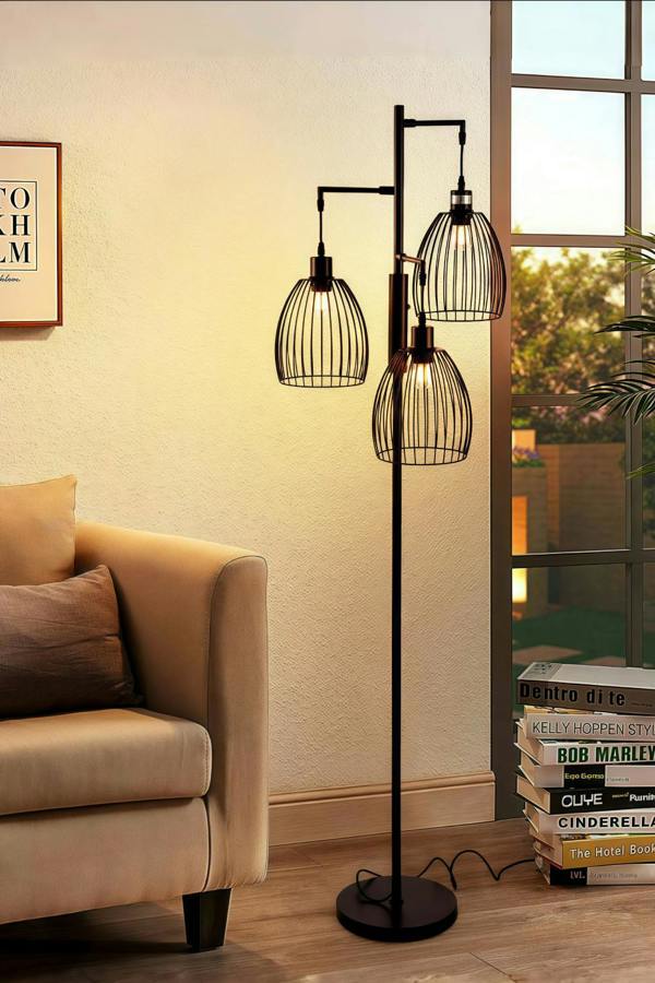 Black Modern Industrial Style 3-head Floor Lamp with Irregular Shade