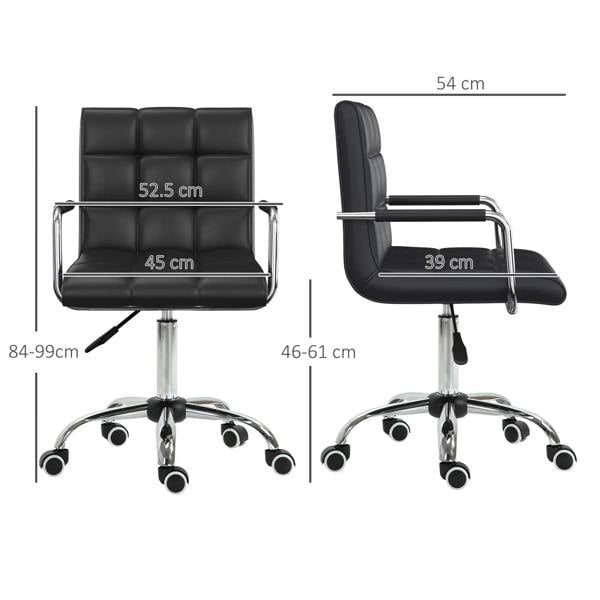 Black mid-back office chair, front and side view with armrests and height base