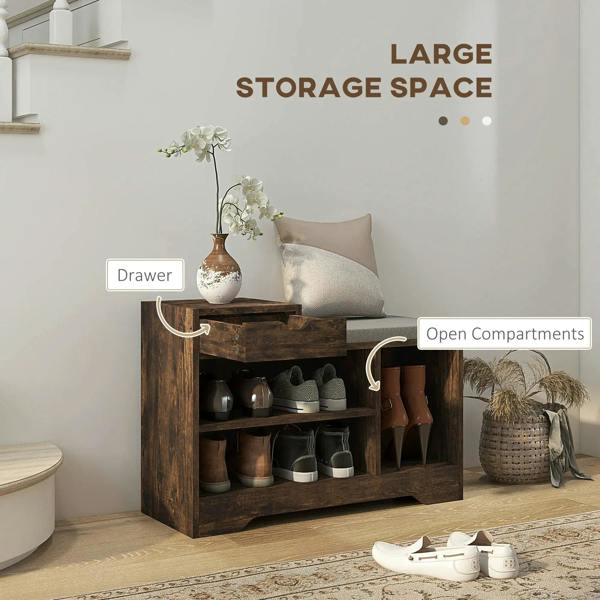 Rustic brown shoe bench with gray cushion, drawer storage, and open compartments