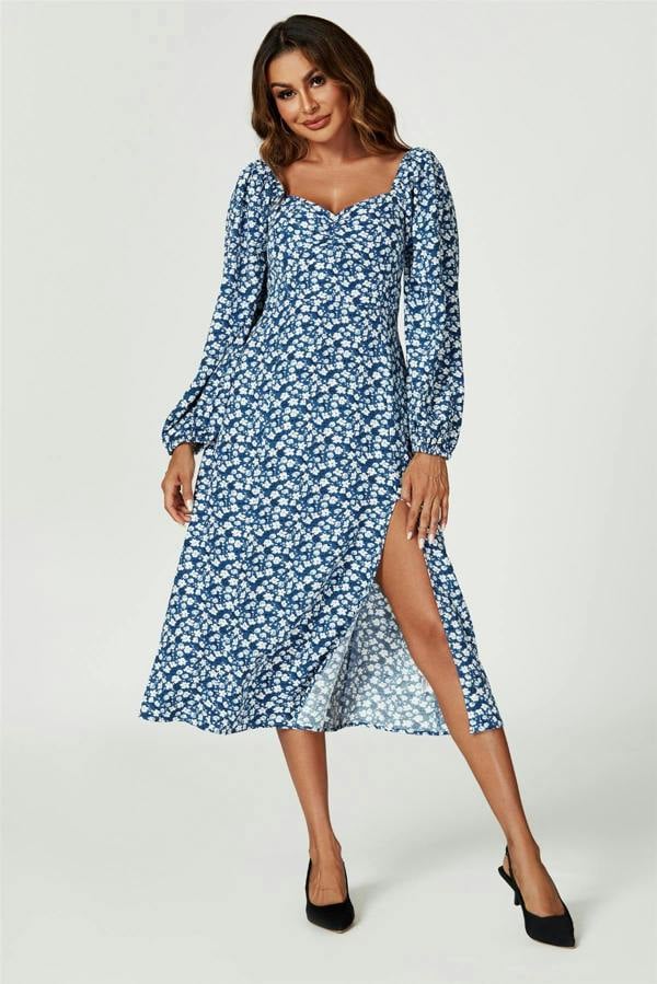 FS Collection Floral Print Long Sleeve Heart Neckline Midi Dress In Blue
