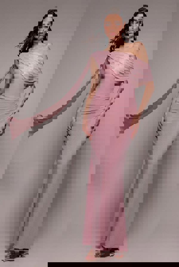 Lurex Pleated Bardot One Shoulder Cape Maxi Dress - Blush Pink DR4984QZ