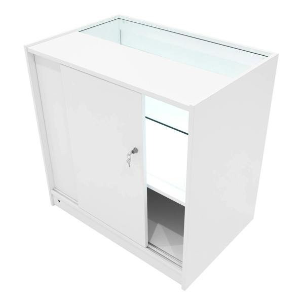 White LED shop counter set featuring a sleek design, sliding doors, glass display shelves, and a modern finish for retail use