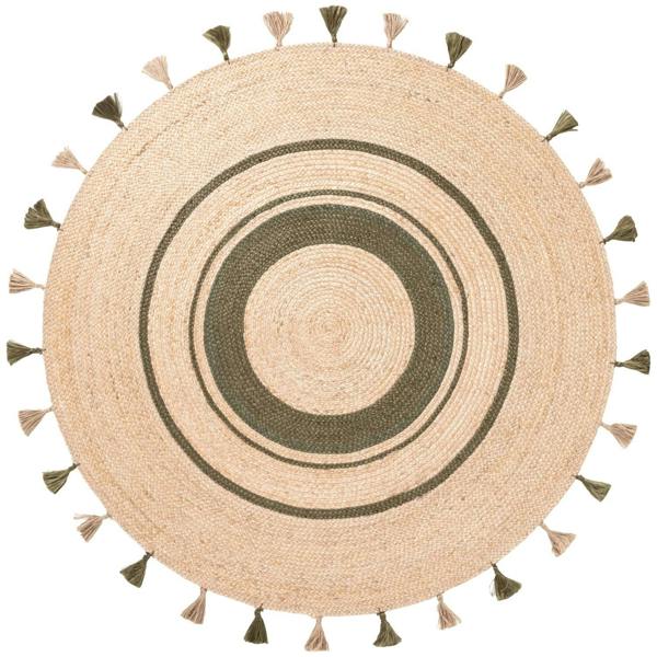 Round woven rug with concentric circles and tassels on a white background