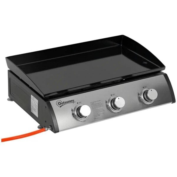 Bobobiy Gas Plancha Barbecue Grill with 3 Stainless Steel Burner, 7.5kW, Portable Tabletop Gas BBQ with Non-Stick Griddle for Camping Picnic Garden