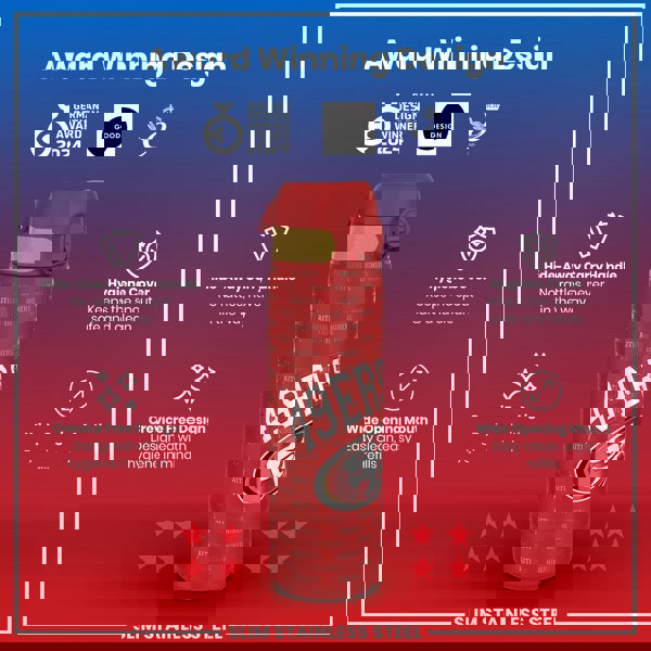 A red, stainless steel water bottle, displaying the San Francisco 49ers logo, sits against a gradient background. It features a hide-away handle, crevice-free design, hygiene cover, and a wide mouth. Award logos are displayed.