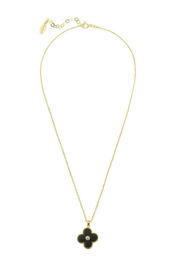 Gold necklace with a clover-shaped pendant on a white background