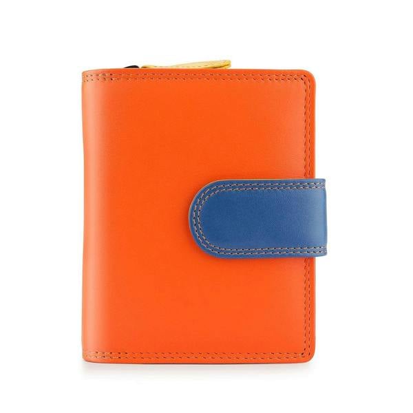 Orange wallet with a blue strap on a white background