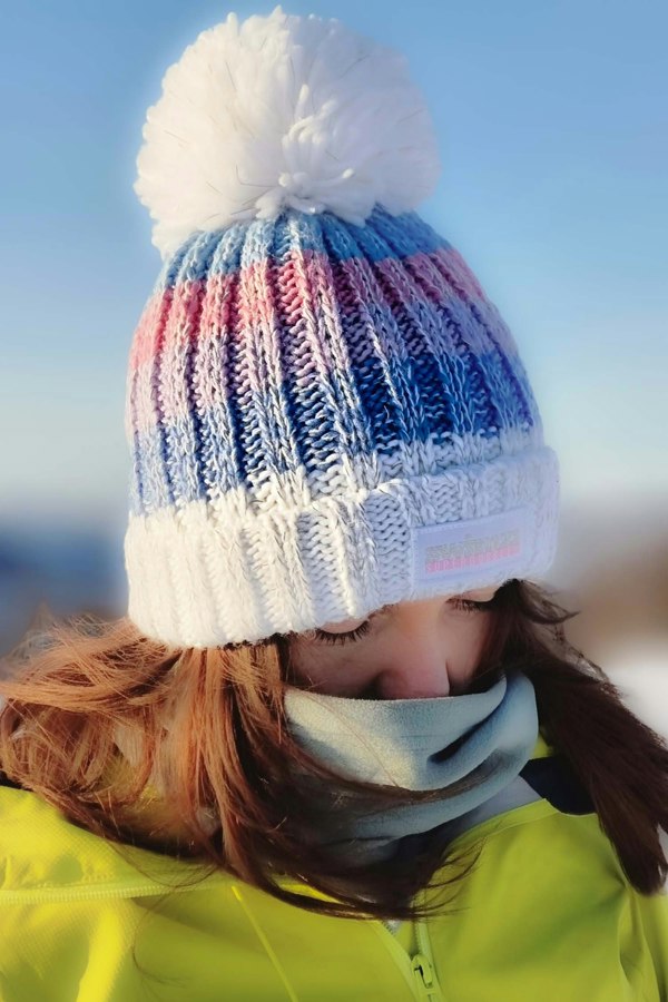 SuperBobble Gradient Northern Lights Beanie Bobble Hat - White, Blue & Pink