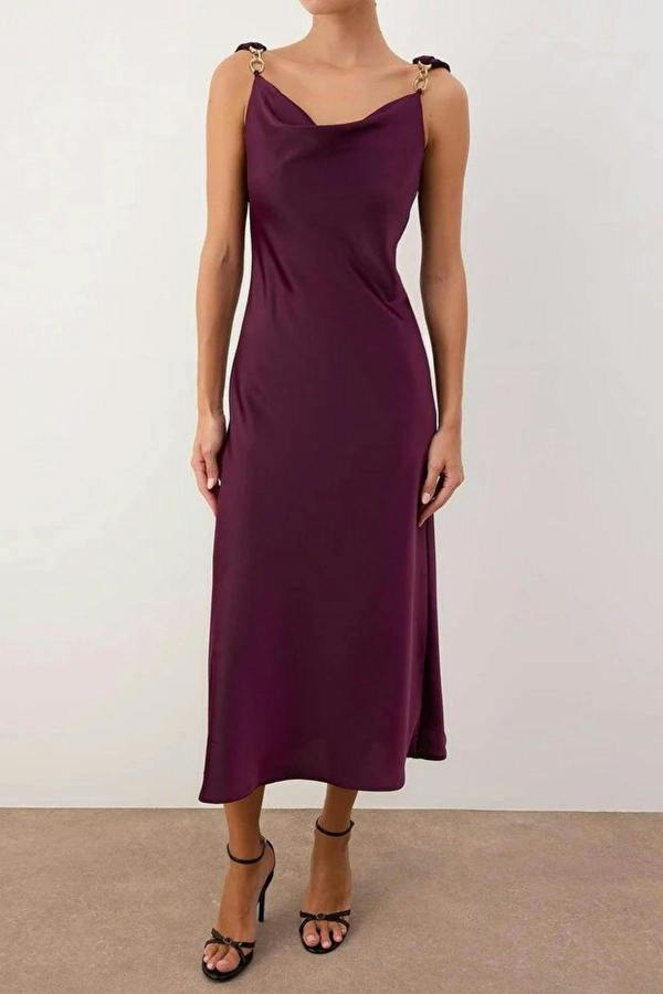 WOVCOR Woven Satin Maxi Party Dress with Accessory Details