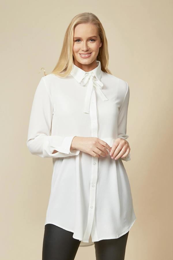 Hoxton Gal Long Sleeves Tie Neck Oversized Shirt in White