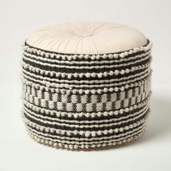HOMESCAPES Priya Cream & Black Macrame Boho Pouffe - 40 cm Tall