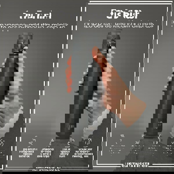 A dark-grey, slim stainless steel water bottle is being held and opened one-handed. The flip top opens with a simple click; the bottle offers triple lock security and is 100% leak proof.