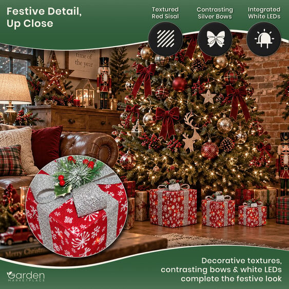 Set of 3 Lighted Red Sisal Christmas Parcels with Silver Bows, 35 White LEDs, Battery Powered, Festive Mantel & Tree Decoration